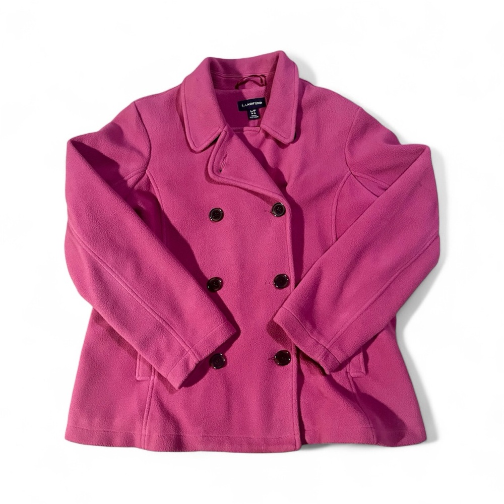 Lands' End Raspberry Pink Women’s SZ Large Fleece Double Breasted Pea Coat